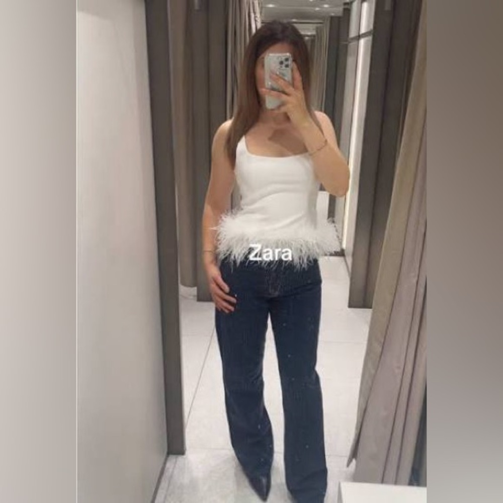 zara NWT white feathered tank top blouse stretch 4772/104 197 size small - Picture 9 of 12